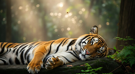 A majestic tiger with vibrant orange and black striped fur resting on a rock.