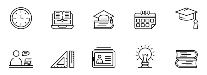 Modern Education Icons:  Clean Line Art Style,  Time Management,  Graduation,  Learning,  Knowledge,  Study,  Ideas,  Planning,  and Academic Success Concept.