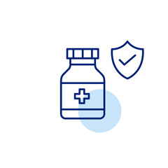 Verified medication safety, trusted pharmaceuticals, secure drug use. Pills in a bottle, shield and checkmark. Pixel perfect, editable stroke vector icon