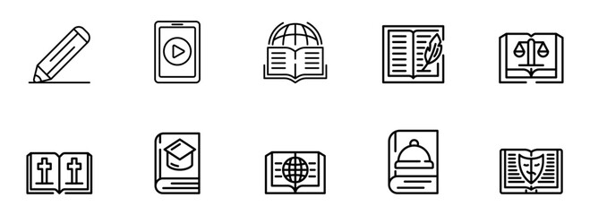 Collection of ten minimalist line icons:  education, law, religion, writing, global learning, and video tutorials, perfect for website or app design.