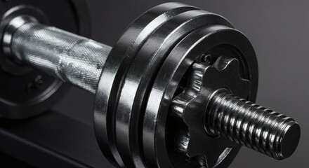 Adjustable Dumbbell with Weight Plates and Lock Collar, Close-up Detail of Fitness Equipment for Strength Training and Weightlifting