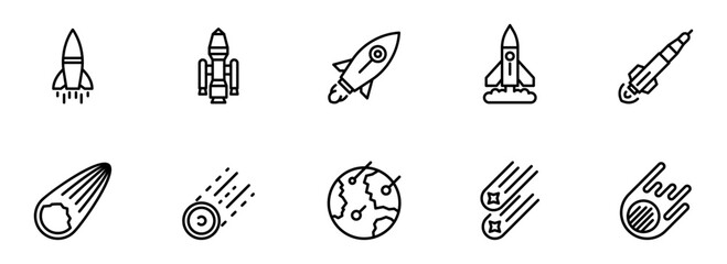 Space Exploration: A Collection of Ten Bold Line Art Rocket and Meteor Icons for Modern Designs.