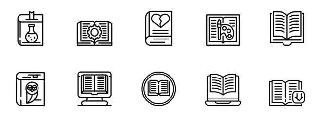 Ten Diverse Book Icons:  Line Art Style,  Clean Minimalist Design,  Educational and Creative Concepts,  Perfect for Website or App UI.