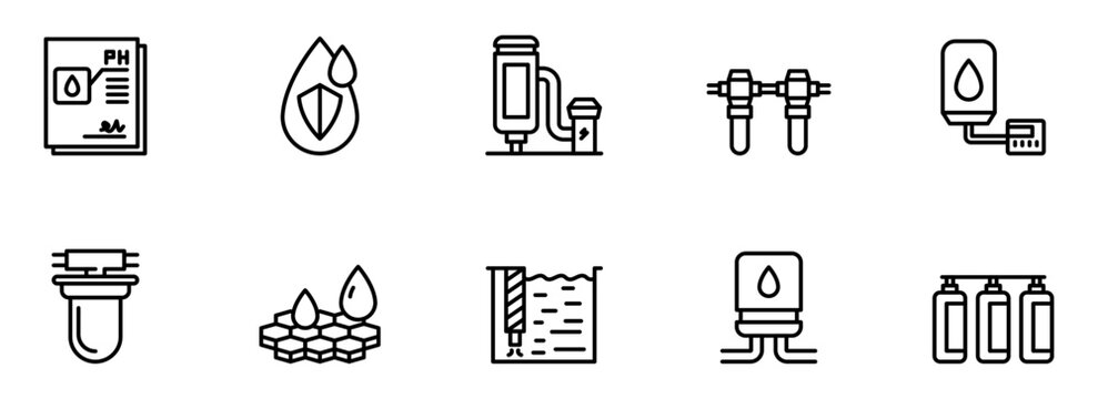 Clean Water Technology:  Modern Line Icons Set for Water Purification, Filtration, and Treatment Systems,  Illustrating  pH Levels,  Water Quality, and  Efficient  Solutions.