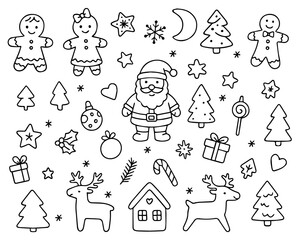 Set of Christmas tree cookies in doodle style. Santa, gingerbread, trees, candies.