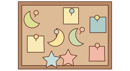 A simple illustration of a cork bulletin board with colorful pinned notes, stars, and crescent moon shapes.