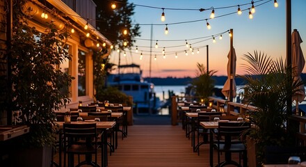 Outdoor restaurant patio with string lights and sunset over water
