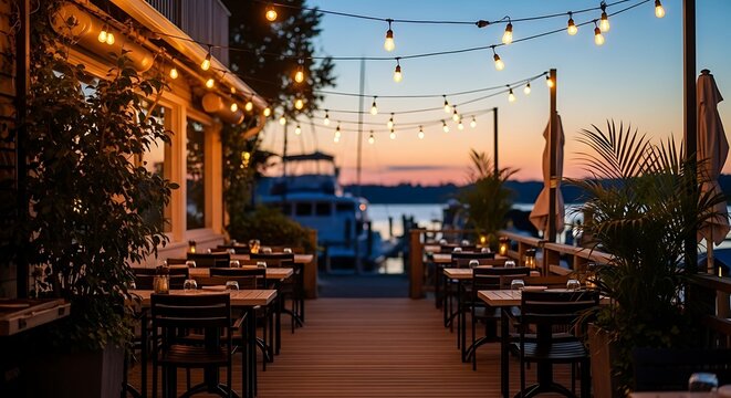 Outdoor restaurant patio with string lights and sunset over water - Powered by Adobe