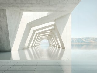 Exploring minimalist Muslim architecture with empty courtyard and mirrored water