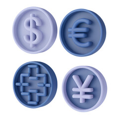 Obraz premium A digital rendering features four blue and white currency symbols dollar, euro, yen, and pound, arranged in a 2x2 grid
