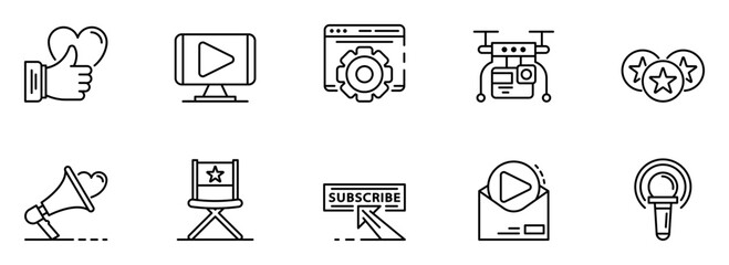 Modern Line Icons: Social Media, Video Marketing, Content Creation,  Engagement,  Subscription,  Podcast,  and  Positive Feedback.