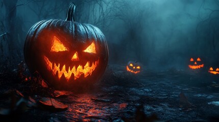 Glowing Jack-o’-Lantern in Foggy Forest for Halloween Night