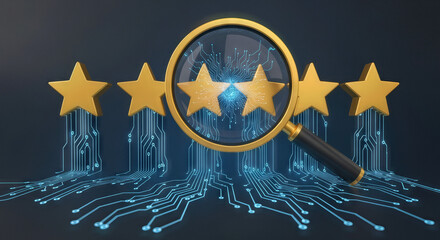 Golden Stars with Magnifying Glass Symbolizing Online Reputation Management and AI for Business Websites, Reputation Blogs, Customer Feedback Portals, and Business Card Design