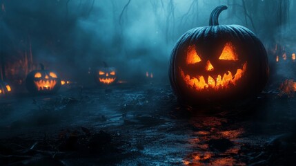 Glowing Jack-o’-Lantern in Foggy Forest for Halloween Night