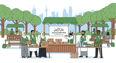 Diverse Muslim volunteers distributing food and supplies at an outdoor charity fair in a city park.