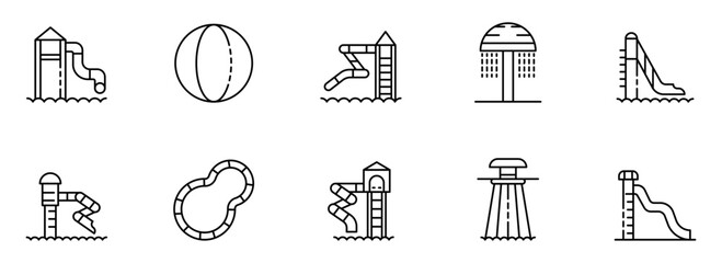 Water Park Icon Set:  Clean Line Art Graphics of Slides, Pools, and Beach Ball, Perfect for Summer Fun Website Design,  Vacation Brochure, or Children's App.