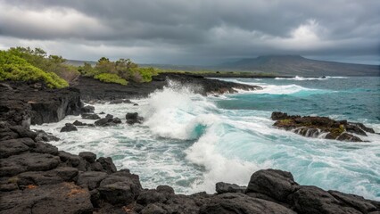 Obraz premium Dramatic Ocean Waves Crashing on Volcanic Coastline, Landscape Photography, Stormy Seascape, Hawaii Ocean Waves, Volcanic Coast