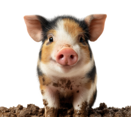 Adorable piglet playing in mud farmyard animal, isolated on transparent background, png