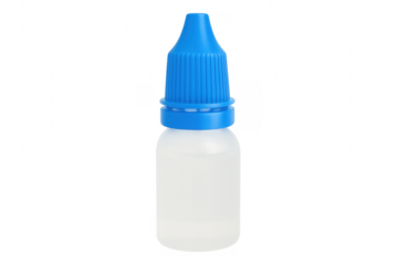Small plastic medical bottle with blue cap on transparent background