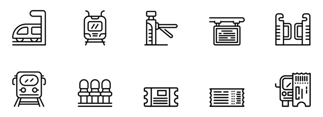 Modern Minimalist Line Art Icons: Public Transportation, Ticketing, and Station Amenities for Website or App Design.