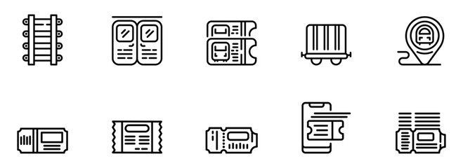Train Travel Icons:  Modern Minimalist Black Line Art Set of Railway Tickets, Transportation, Location, and Cargo for Website or App Design.