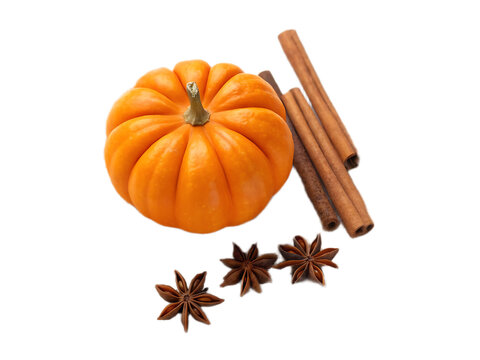 A still life of a small orange pumpkin with cinnamon sticks and star anise on a black background