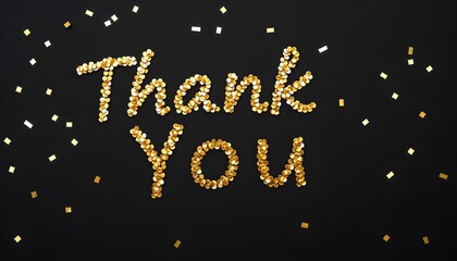 "Thank You" message spelled out in gold sequins, surrounded by confetti on a black background.