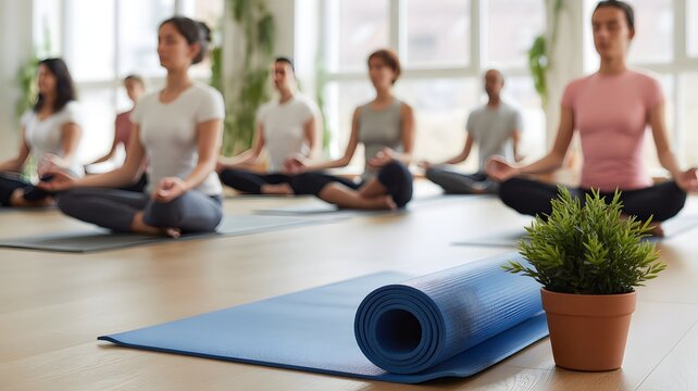 Yoga Class Meditating with Rolled Yoga Mat in Foreground people meditating yoga mats
