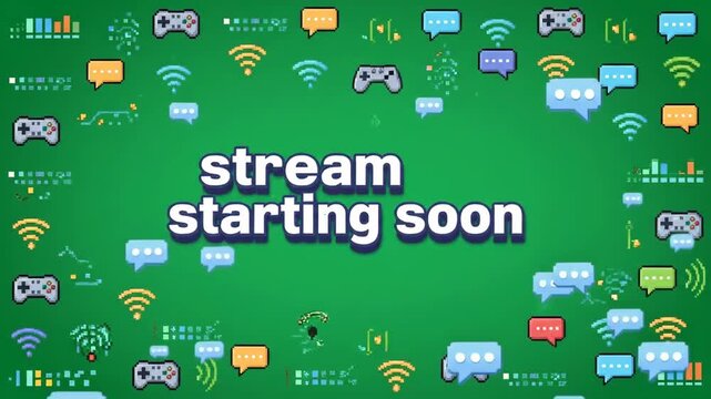 Animated Pixel Art Gaming 'Stream Starting Soon'  Screen with Digital Interface and Chat Icons Background