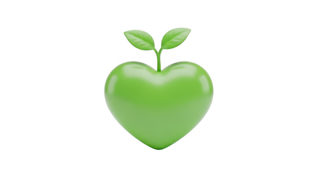 3d icon of green heart with leaves, symbolizing love for nature, health, and growth isolated on transparent background for ecofriendly concepts