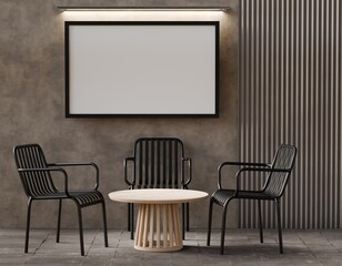 A minimalist interior scene features four black slatted chairs surrounding a light wood round...