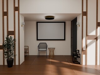 Minimalist entryway with dark wood flooring,  a large blank framed artwork, a modern chair and side table, and integrated wood wall accents. Sunlight streams in