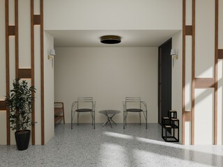 Minimalist entryway with cream walls, dark-framed door, geometric wood accents, metallic chairs,...