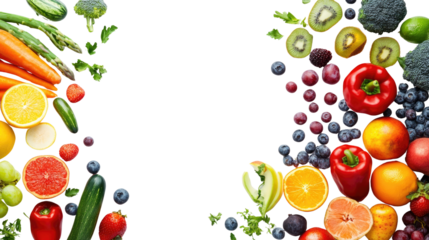 Colorful assortment of fresh fruits and vegetables on a black background.