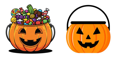 Halloween pumpkin bucket overflowing with colorful candies isolated on transparent background
