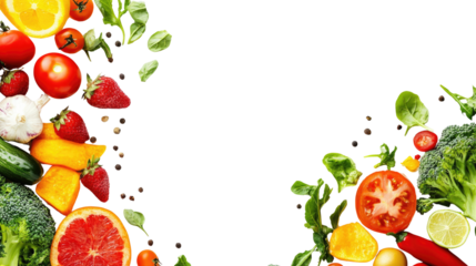 Fresh vegetables and fruits arranged creatively on a black background.