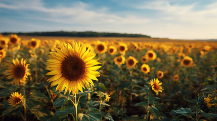Obraz premium A sunflower field under the midday sun, paint colors vibrant in the bright light (3)