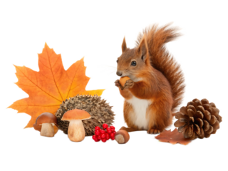 A squirrel eating a nut with a maple leaf hedgehog mushrooms berries and pinecone on black background