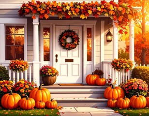 Obraz premium Cozy front porch with halloween pumpkins