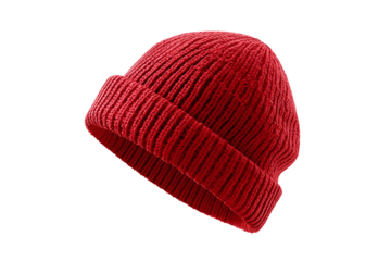 Red Knitted Beanie Hat, Winter Headwear, Isolated on White Transparent Background