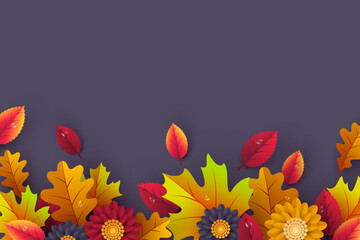 Colorful autumn leaves and flowers on violet background. Festive seasonal border for fall themes, Thanksgiving promotions or nature design. Vector illustration.