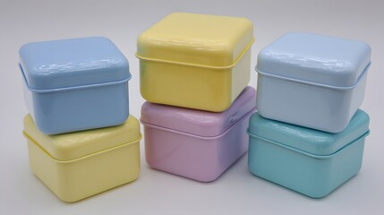 Pastel-colored square storage containers in a variety of hues.