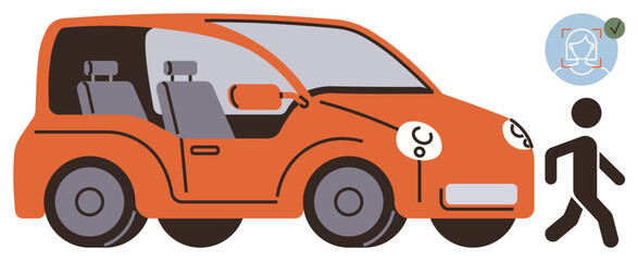 Orange self-driving car recognizing nearby pedestrian through AI detection. Ideal for technology, transportation, innovation, safety, future mobility, pedestrian safety, automation. Simple flat