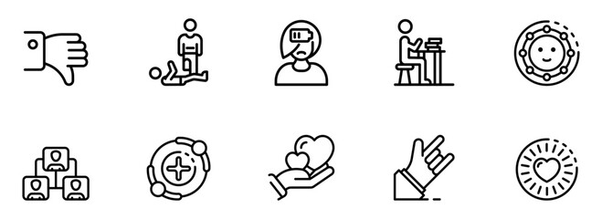 Collection of Minimalist Line Icons:  Thumbs Up, Thumbs Down, Teamwork,  Support,  Heart,  Stress,  Success, and Failure;  Modern, Clean, and Versatile Vector Graphics for Website and App Design.