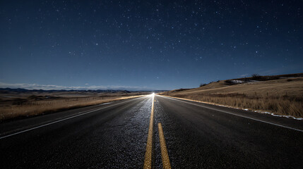 Fototapeta premium A deserted highway stretching towards a distant horizon under a clear, starry sky (3)