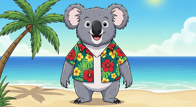 Cheerful cartoon koala character in a vibrant floral Hawaiian shirt standing with a happy expression.