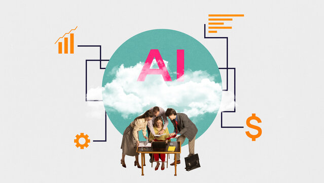 Graphic composition. Business team analyzing AI-driven financial strategy. Concept of AI-powered analytics, collaborative fintech planning, investment presentations, and startup growth strategies.