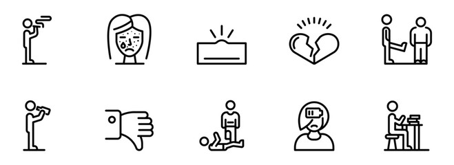 Line art icons depicting negative emotions, social issues, and relationship problems; including sadness, acne, rejection, bullying, low energy, and heartbreak; minimalist black and white style.