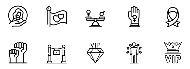 Modern Line Icons: Gender Equality, VIP Access, Love, Empowerment, and Celebration;  Bold Black and White Style; Uplifting and Positive Mood.