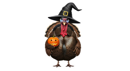 Naklejka premium A whimsical turkey dressed in a witch's hat, holding a carved pumpkin.